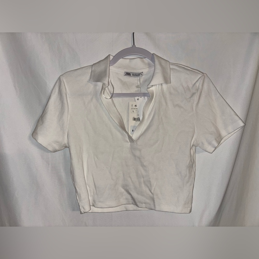 Zara Women's White Rib Knit Short Sleeve Collar V-neck Crop Sweater Top Size L
